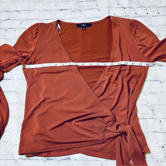 Lulus Women's Rust Orange Long Sleeve Faux Wrap Top Size Small - Picture 6 of 9
